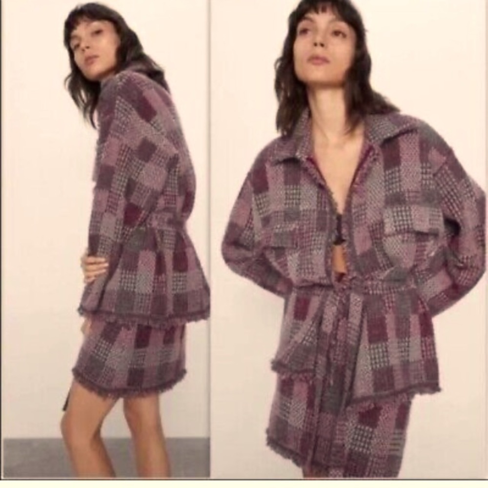 ZARA Women’s Plaid Tweed Belted Cardigan with Pockets  size Small
